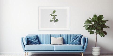 Blue settee with white cushion placed alongside a plant in a minimalist living room, featuring a poster. Genuine image.