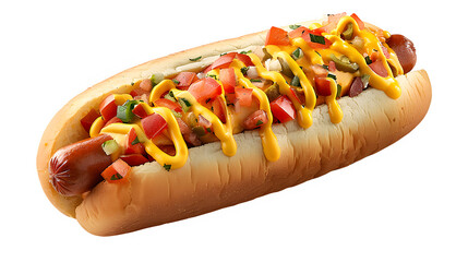 Delicious hot dog with condiments on transparent background