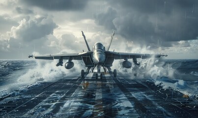 Dramatic takeoff: fighter jets departing from an aircraft carrier - obrazy, fototapety, plakaty