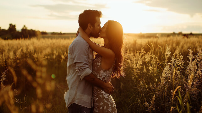 
O marido beijando a esposa e parado no campo