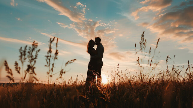 
O marido beijando a esposa e parado no campo
