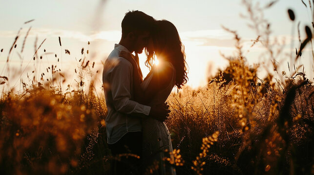 
O marido beijando a esposa e parado no campo