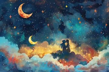 A whimsical illustration of two women sharing a kiss on a whimsical cloud, surrounded by stars and moons - obrazy, fototapety, plakaty