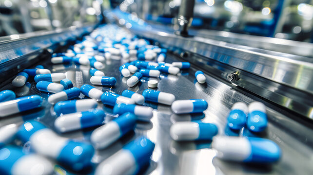 
Pharmaceutical production line with blue and white capsules, highlighting precision and technology in medication manufacturing.