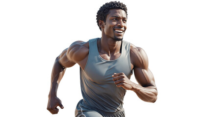 Attractive black man smiles while running a track and field race. Afro muscular man isolated on transparent background. Clothes for sports.