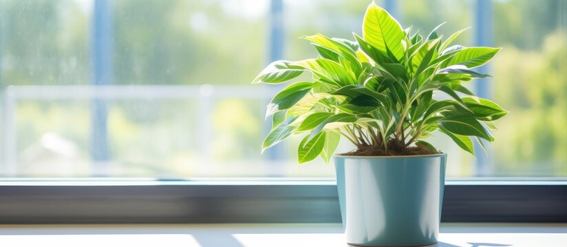Green plant in flowerpot on window at business center in sunlight
