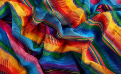 A colorful Mexican Serape blanket with rainbow stripes pattern, top view, flat lay, background Generative AI