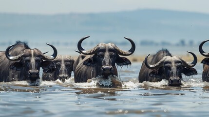 Close up image of a group of african buffalos running through the water in the savanna during a...