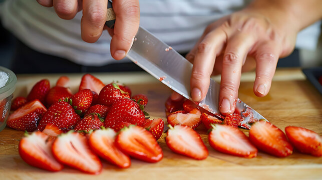 Slicing strawberries for a strawberry shortcake