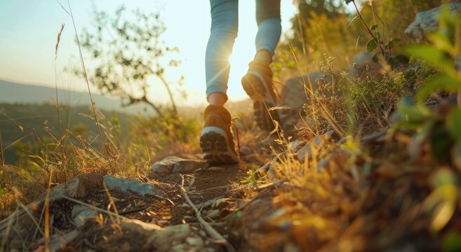 Hiker In Sports Shoes Walking On The Trail At Sunset. Hiking Endurance Concept. AI Generated 