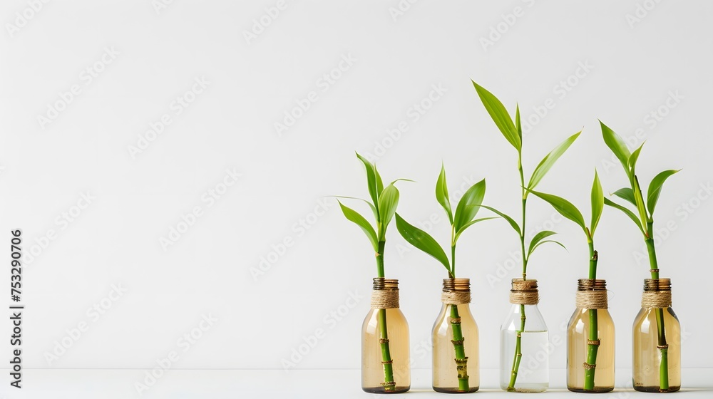 Wall mural bamboo shoots growing in a bottle, against a white background.