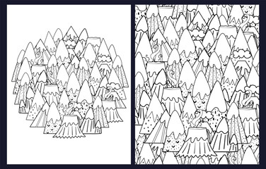 Doodle mountains coloring pages set. Black and white fantasy nature templates bundle. Whimsical outline background. Vector illustration