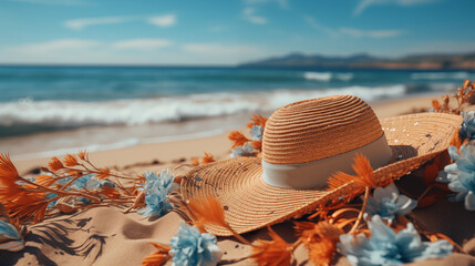 Fototapeta na wymiar Straw Hat and Blue Flowers on a Sunny Beach Landscape.