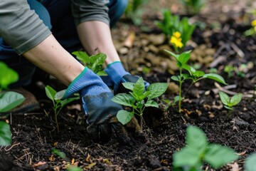 Person's hands in gloves planting sprouts while working in the garden. Ecology concept. AI Generated 