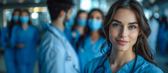 A group of young doctors smiling while specializing at the hospital. Their dedication and joy of learning shine in this inspiring healthcare scene. - obrazy, fototapety, plakaty
