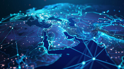 
Abstract map of Saudi Arabia, Middle East and North Africa, concept of global network and connectivity, data transfer and cyber technology, information exchange and telecommunication