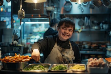 Boy with Down syndrome working in restaurant kitchen. smiling. Inclusion. diversity. equal opportunity employment concept. Perfect for World Down Syndrome Day or disability awareness campaigns