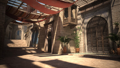 3D Rendered old Moroccan Street with traditional buildings - 3D Illustration