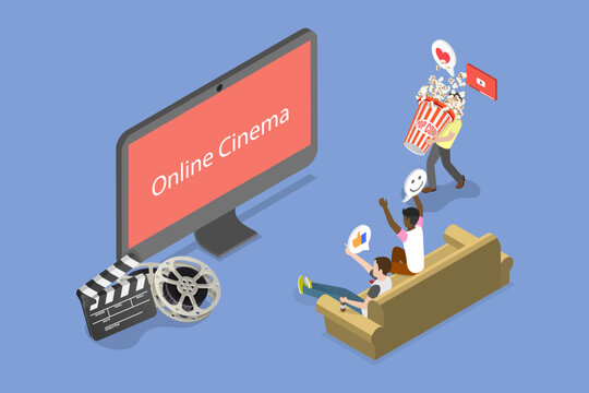 3D Isometric Flat Vector Illustration of Online Home Cinema, Streaming Media Service