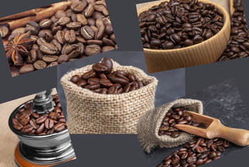 collage of fresh roasted coffee beans close up