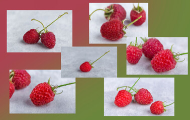 Collage of delicious and healthy red raspberries. Close-up.