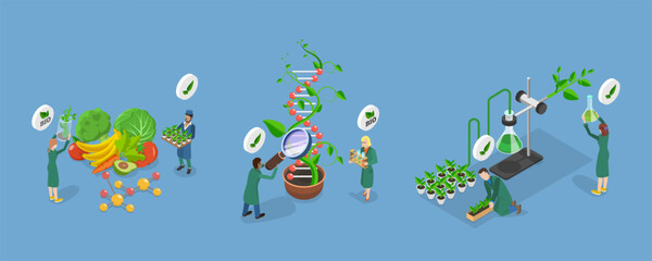 3D Isometric Flat Vector Illustration of Science In Agriculture, Development of New Food Products