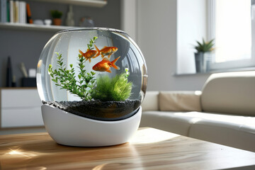 Aquarium with goldfish on the table in the sunny room. Generative AI