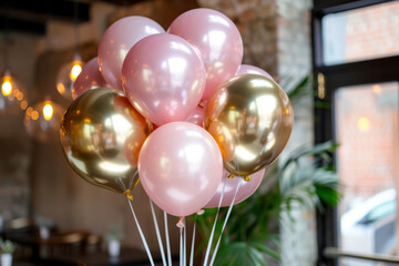 Bunch of pink and gold chrome balloon. Generative AI - obrazy, fototapety, plakaty