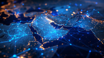 Abstract map of Saudi Arabia, Middle East and North Africa, concept of global network and connectivity, data transfer and cyber technology, information exchange and telecommunication - obrazy, fototapety, plakaty