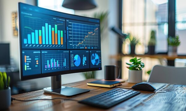 Modern data analysis computer monitor showing histograms and pie charts