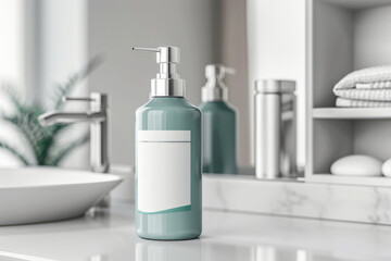 Fototapeta na wymiar Shampoo green bottle mockup with blank label in bathroom. Minimalist style. Generative AI