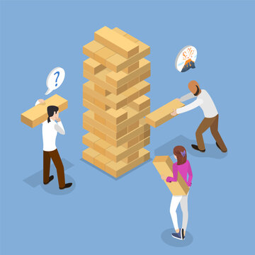 3D Isometric Flat Vector Illustration of Paying Jenga Game, Having Fun with Friends