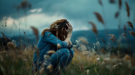 Blue Monday background. Most depressing day of the year. Feelings of depression, sadness, loneliness, melancholy. Nature, abandoned meadow, lonely alone woman sitting covered her face 