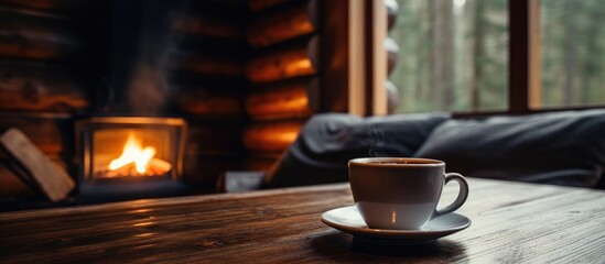 Hot black coffee in a white cup in a cabin s living area