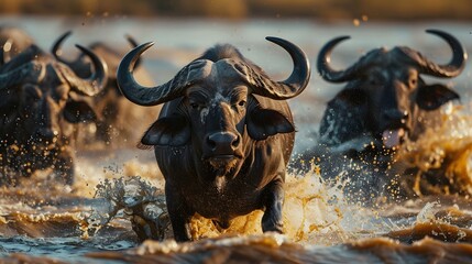Close up image of a group of african buffalos running through the water in the savanna during a safari
