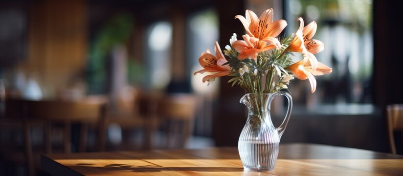 Blurry image of a flower vase on a wooden coffee shop table