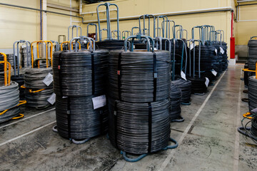 Steel wire coils in metalworking factory