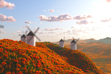 Scenic View of Traditional Windmills Amongst Vibrant Orange Wildflowers - obrazy, fototapety, plakaty