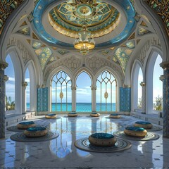 Fototapeta na wymiar Arabian Palace Sea View, Grand Hamam, Hotel, Luxurious Oriental Interiors Arab Palace, Copy Space