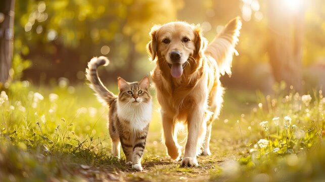 Happy golden retriever dog walking with a cute cat on a green field with natural sunlight