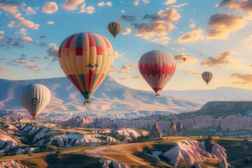 Obraz premium Balloon Tourism, Air Balloons in Sky, Mountain Landscape with Ballooning, Turkey Landscape
