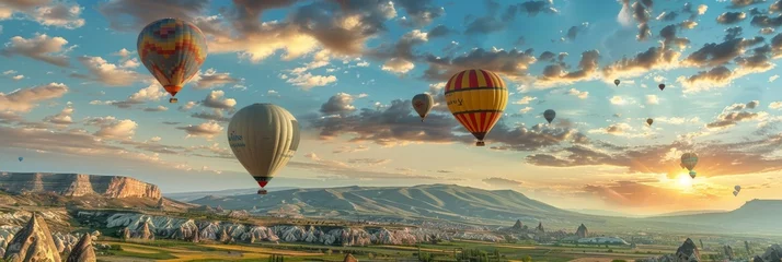 Foto op Plexiglas Balloon Tourism, Air Balloons in Sky, Mountain Landscape with Ballooning, Turkey Landscape © artemstepanov
