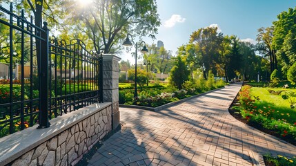 Modern park gardening landscaping design. View of city park on sunny day with natural stone fence...