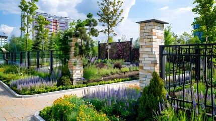 Modern park gardening landscaping design. View of city park on sunny day with natural stone fence wall, black iron gates and blooming perennial plants