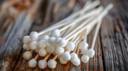 Closeup shot of cotton swabs (cotton buds) on a wooden surface