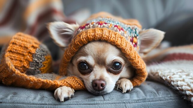 Cold at home in winter. Cute chihuahua puppy with knitted hat and clothes lying on the sofa at home