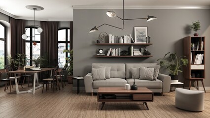 Living room combined with dining room, designed in vintage style. Contemporary furniture was matched with retro elements, creating a cohesive composition with a timeless character. 3D illustration.