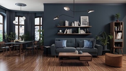 Living room combined with dining room, designed in vintage style. Contemporary furniture was matched with retro elements, creating a cohesive composition with a timeless character. 3D illustration.