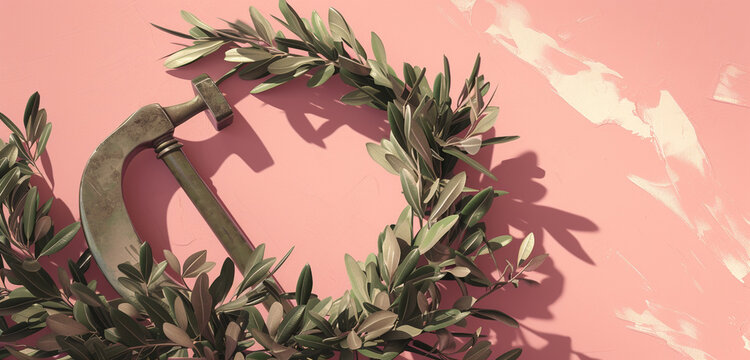 A digital artwork featuring a hammer and sickle encased in a wreath of olive branches, set against a soft pink background