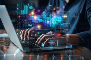 Digital online marketing, AI technology. Man using laptop analyzing sales data graph growth on interface. Data science, algorithm strategy analysis and development. Global business network contents